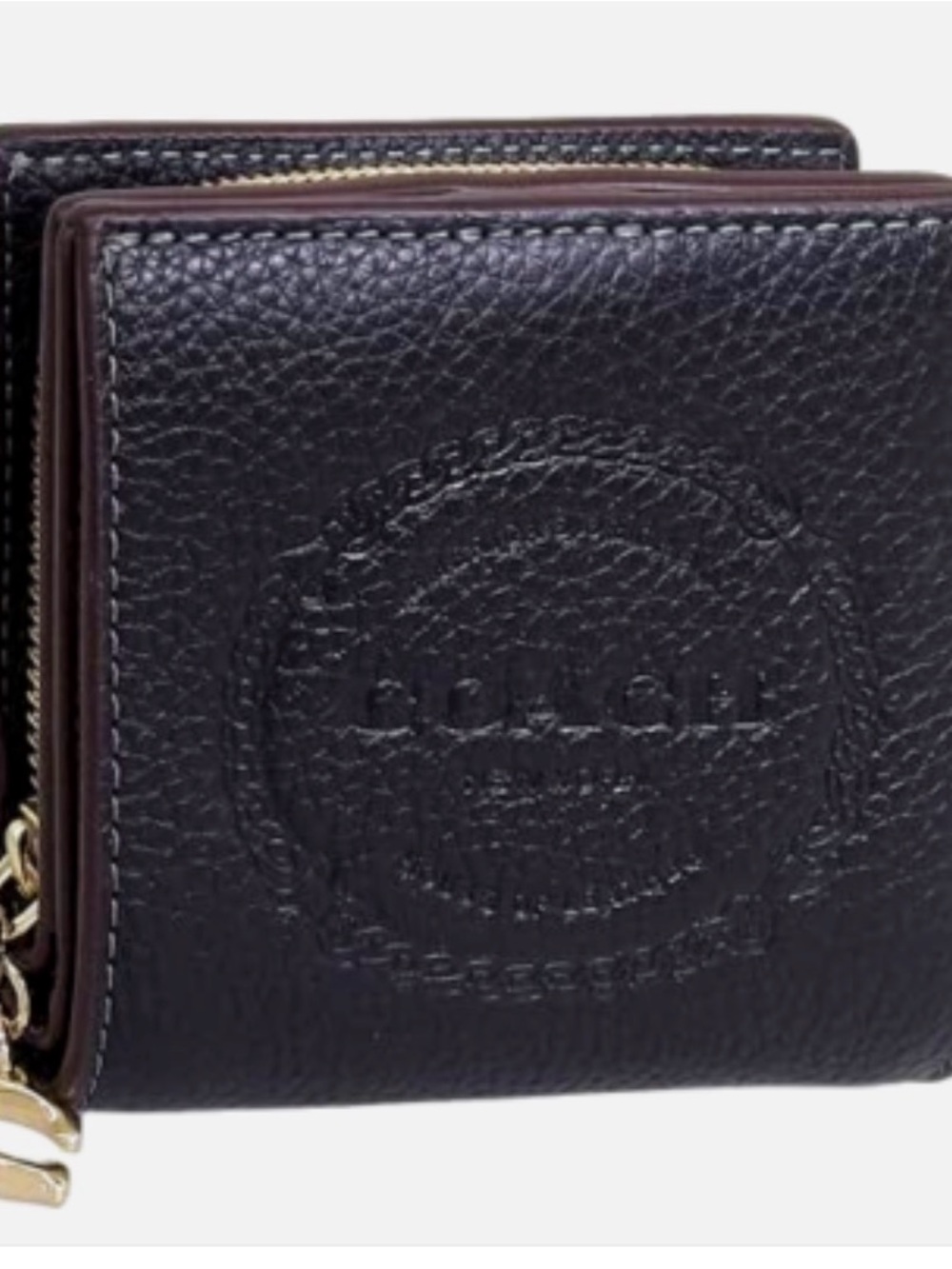 Coach Black Pebbled Leather bifold Wallet with Gold C Charm